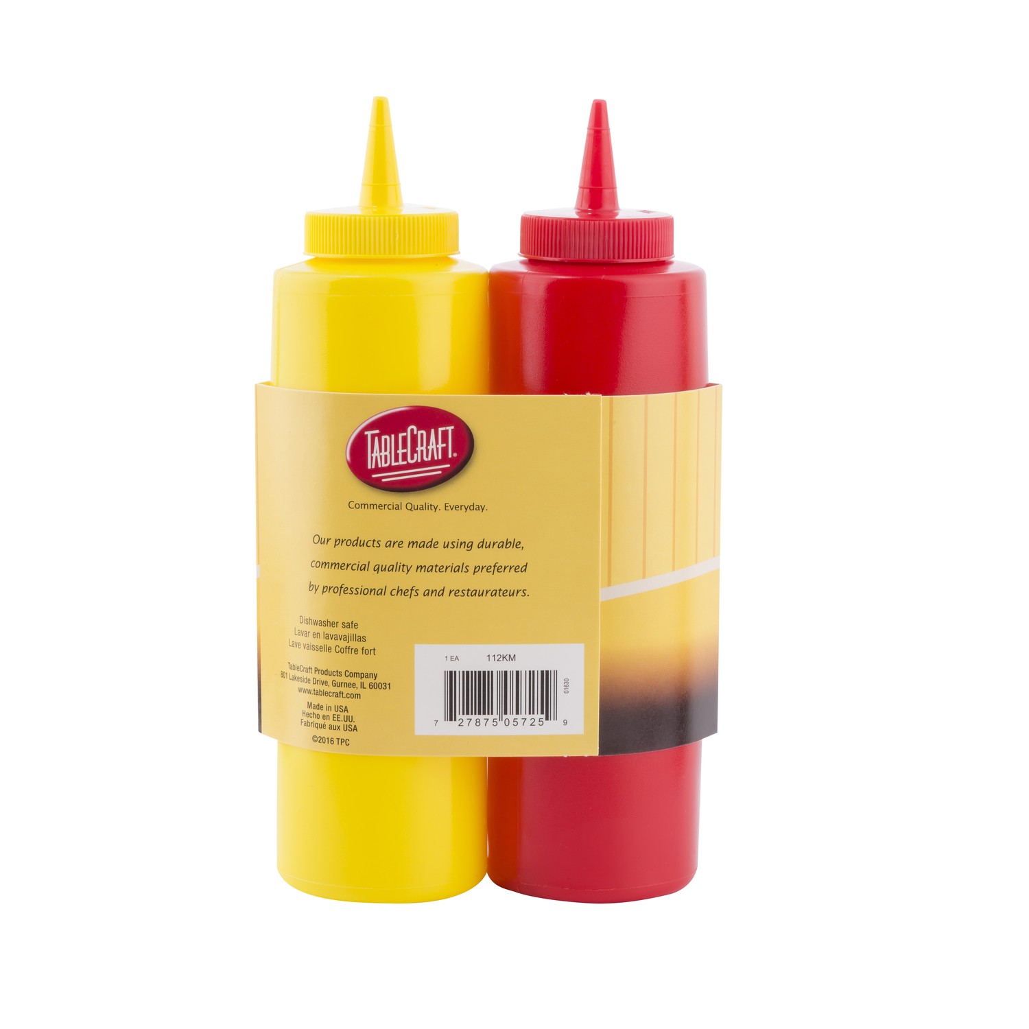 Tablecraft 112KM Red/Yellow Polyethylene Ketchup and Mustard Dispensers 24 oz. gallery