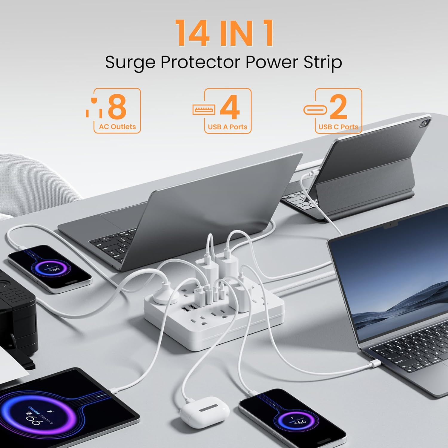 Surge Protector Power Strip - 8 Outlets(1850W/15A/14Awg) 4 USB A（2 USB C, 6FT Fl gallery