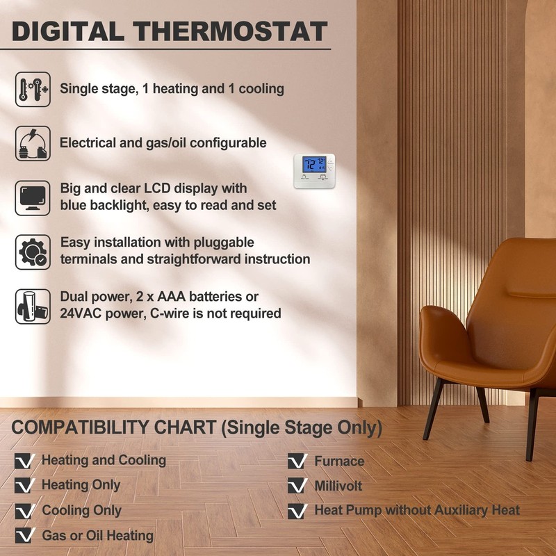 ELECTECK Non-Programmable Digital Thermostat for Home, up to 1 Heat/1 Cool wi... gallery