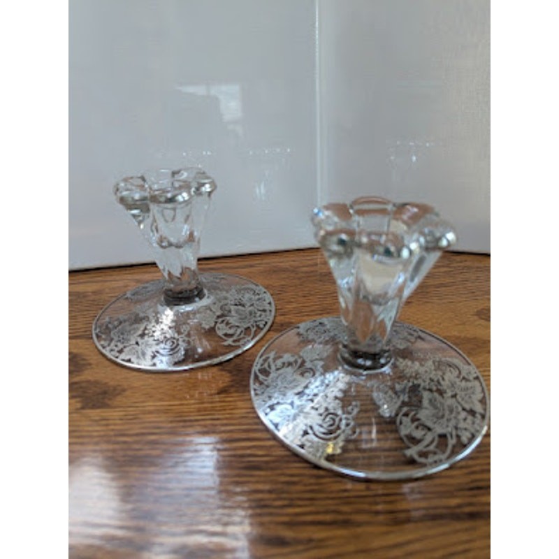 Vintage Clear Glass Candlestick Holder Sterling Silver Grapevine Overlay gallery