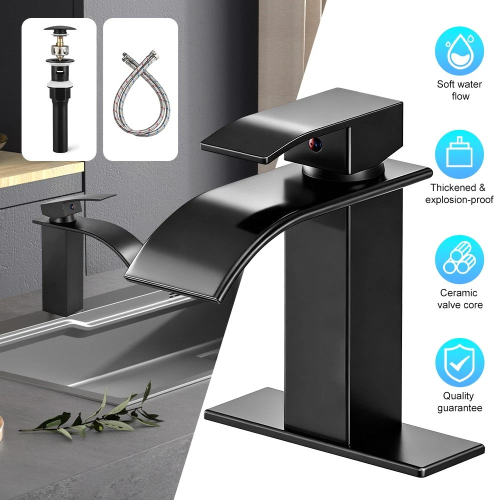 Bathroom Sink Faucet Black Waterfall Basin Vanity Mixer Single Handle with Drain gallery
