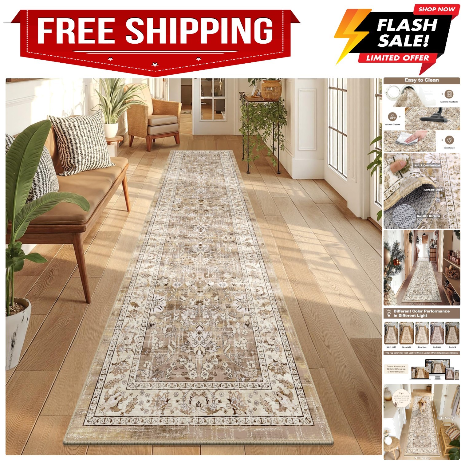 Washable Runner Rug, 2x8 Non-Slip Vintage Hallway Runner Rug with Rubber Back... gallery
