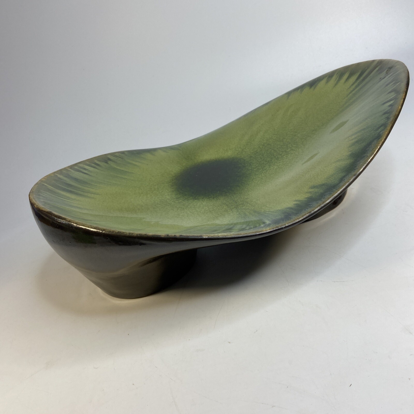 Pier 1 Free Form Avocado Ceramic Centerpiece Statement Bowl Drip Glazed 14 in gallery