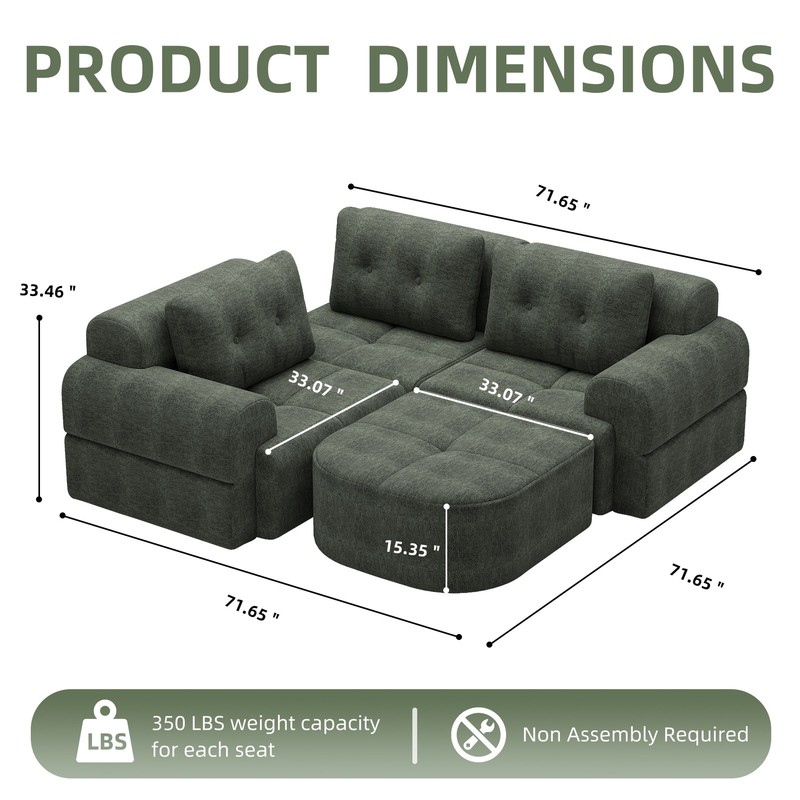 Modular Sectional Sofa with Chaise, Full-Foam, Woven Fabric, Blackish Green gallery