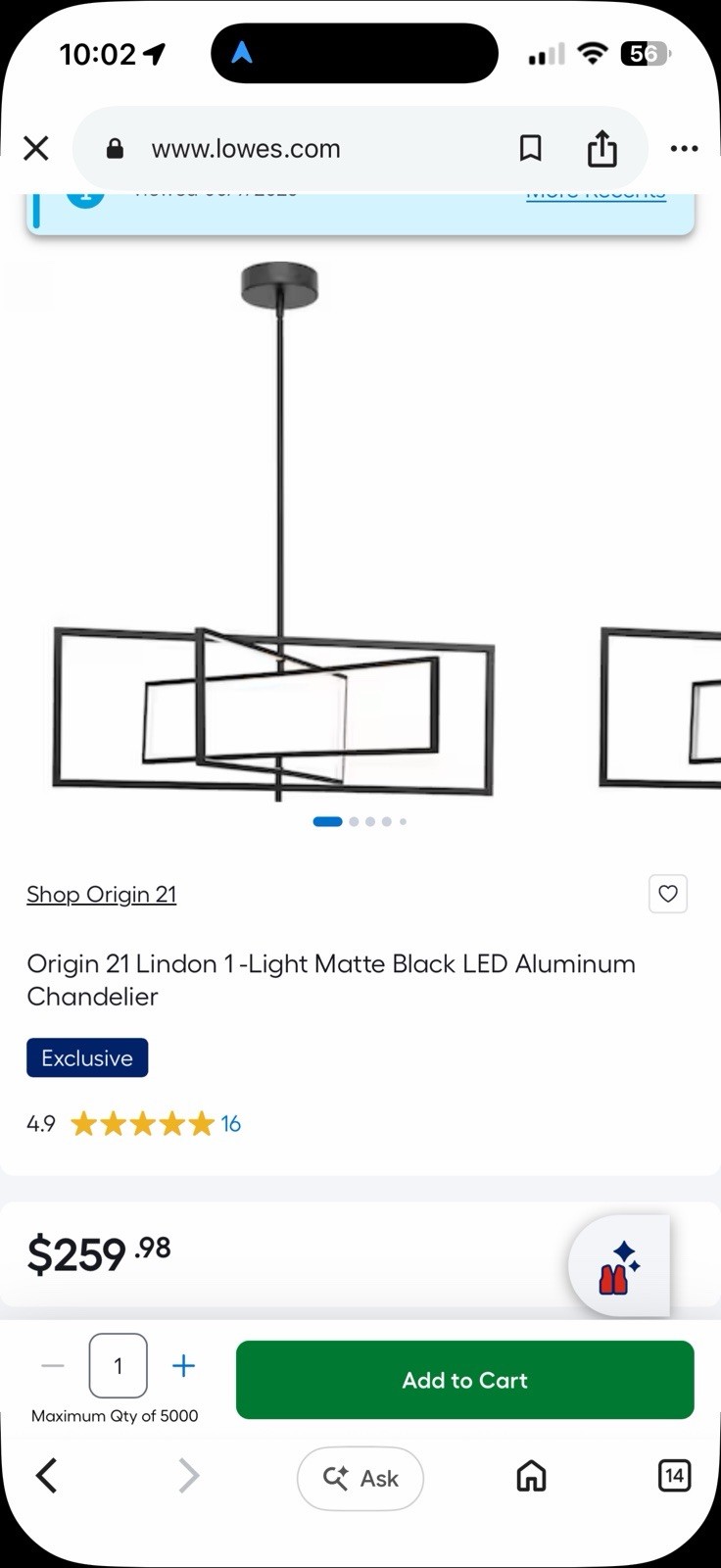 Origin 21 Lindon 1-Light Matte Black Modern/Contemporary LED Chandelier #5336488 gallery