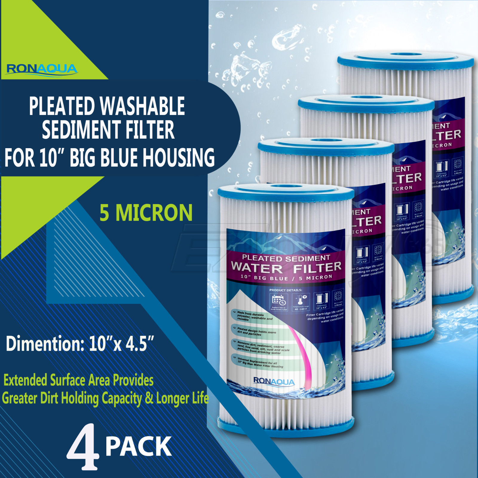 Big Blue Pleated Sediment Water Filters 4 Washable 5 Micron Cartridges 4.5 x 10 gallery