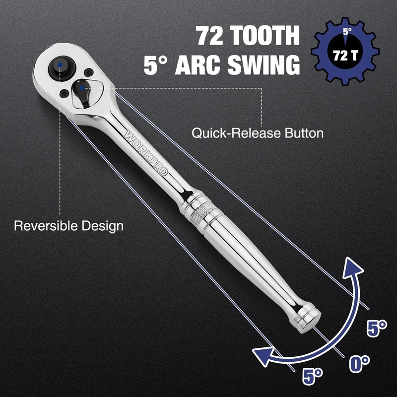 WORKPRO 3PCS Ratchet Set Quick Release 72-Tooth 1/4" 3/8" 1/2" Dr Ratchet Handle gallery