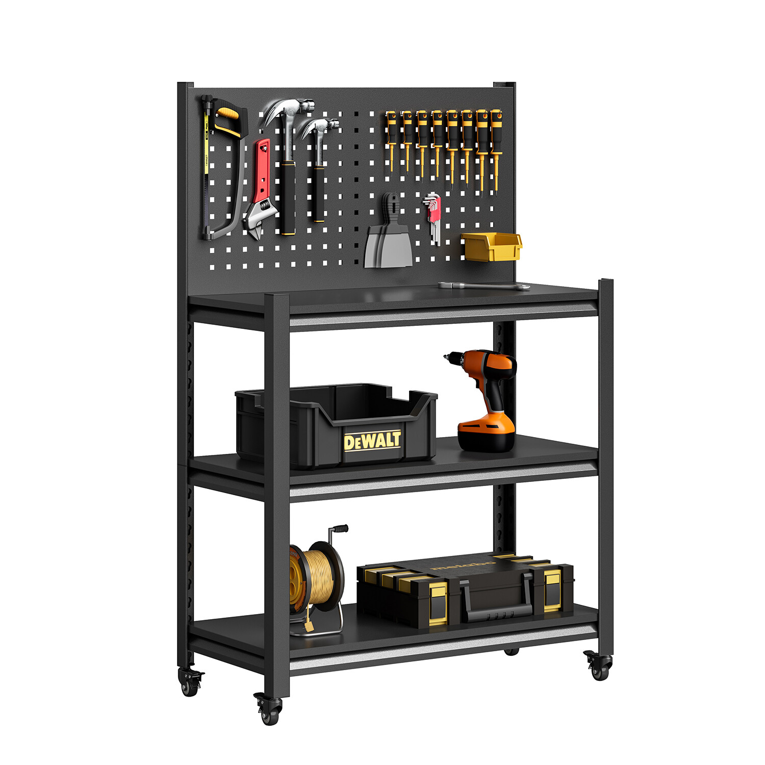 Metal Workshop Shelving Work Bench Garage Tool Storage Shelves W/Pegboard Wheels gallery