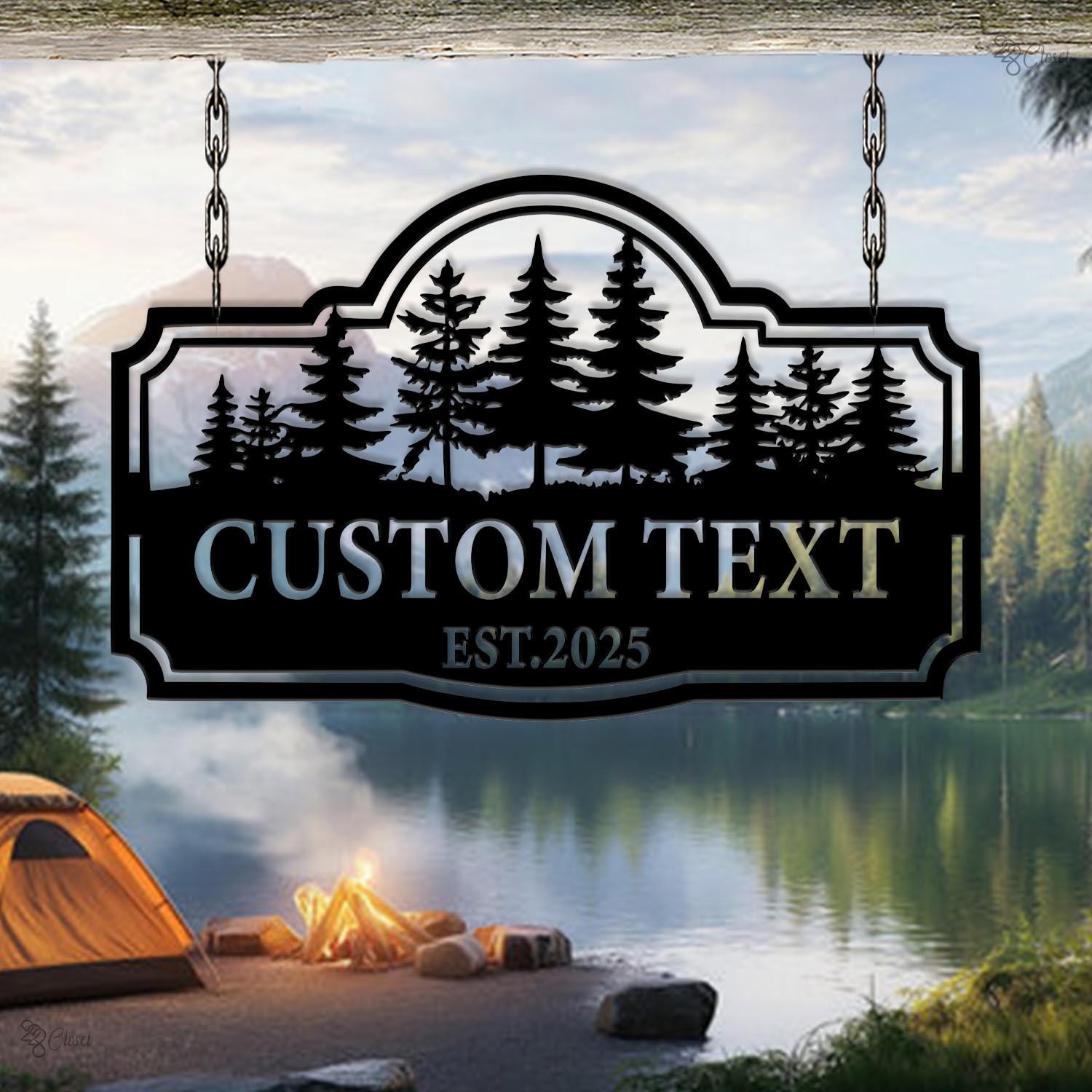 Custom Cabin Metal Sign, Pine Tree Forest Design, Personalized Cabin Sign gallery