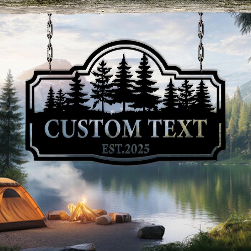 Custom Cabin Metal Sign, Pine Tree Forest Design, Personalized Cabin Sign gallery