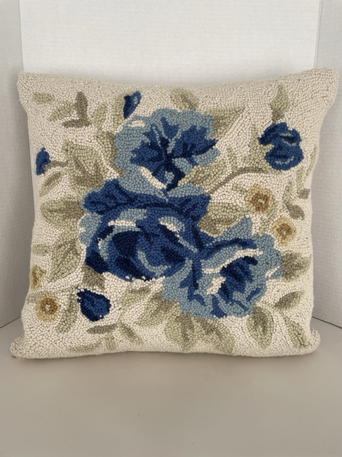 Needlework Petit Point Blue Roses w/Leaves 16” Velvet Zip Back Cottage Chic gallery