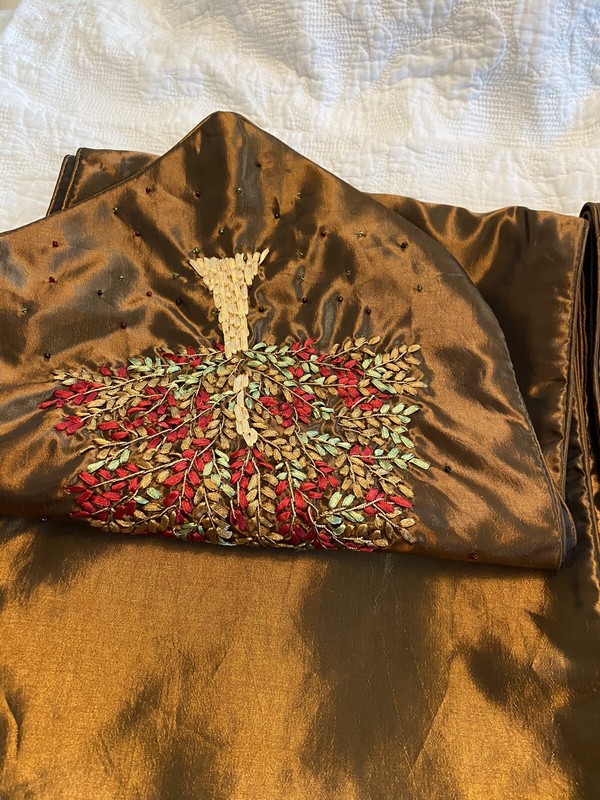 Table Runner Brown Satin W/embroidered Tree And Beads 13x72. Set Of 2 gallery