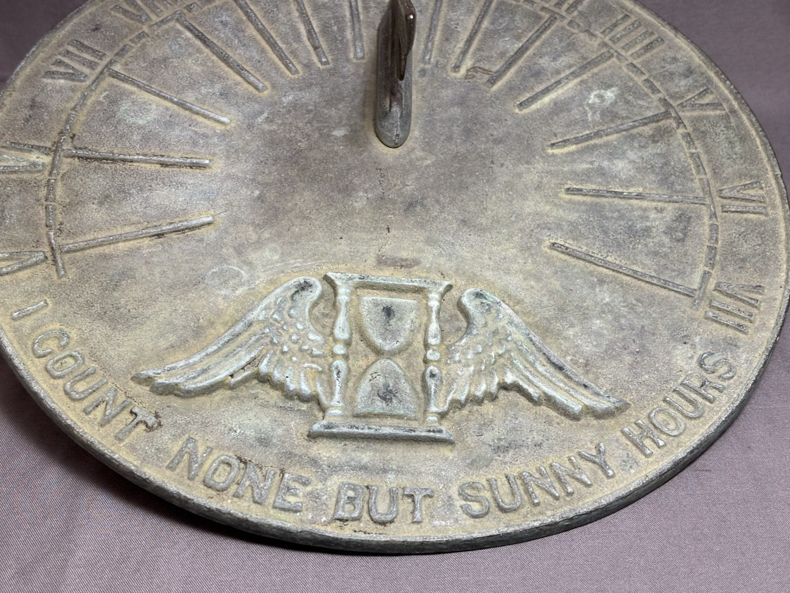 VTG BRASS 9” Sundial I Count None But Sunny Hours Winged Hourglass Garden Patina gallery