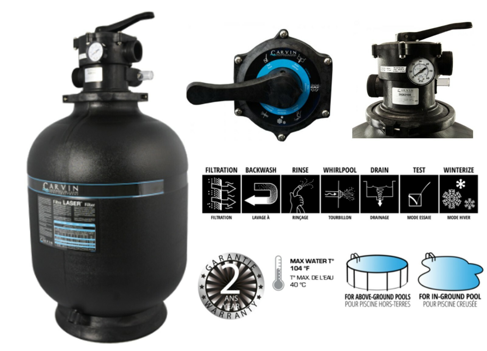 Carvin Laser Swimming Pool Sand Filter Tank w/ 7-Way Valve - (Choose Size) gallery