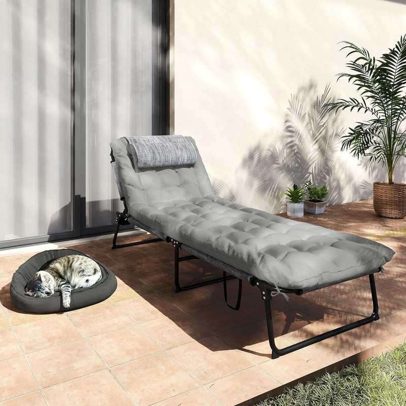 Folding Chaise Lounge with 4-Level Reclining Back, Outdoor Tanning Chair with Cu gallery