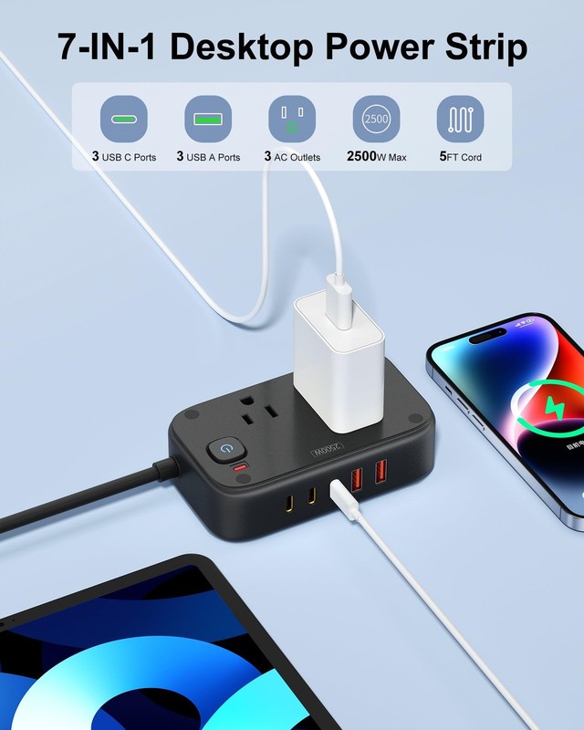 Power Strip 40W Charging Station 5Ft Flat Plug 2 Outlet 3 USB C 2 USB A Black gallery