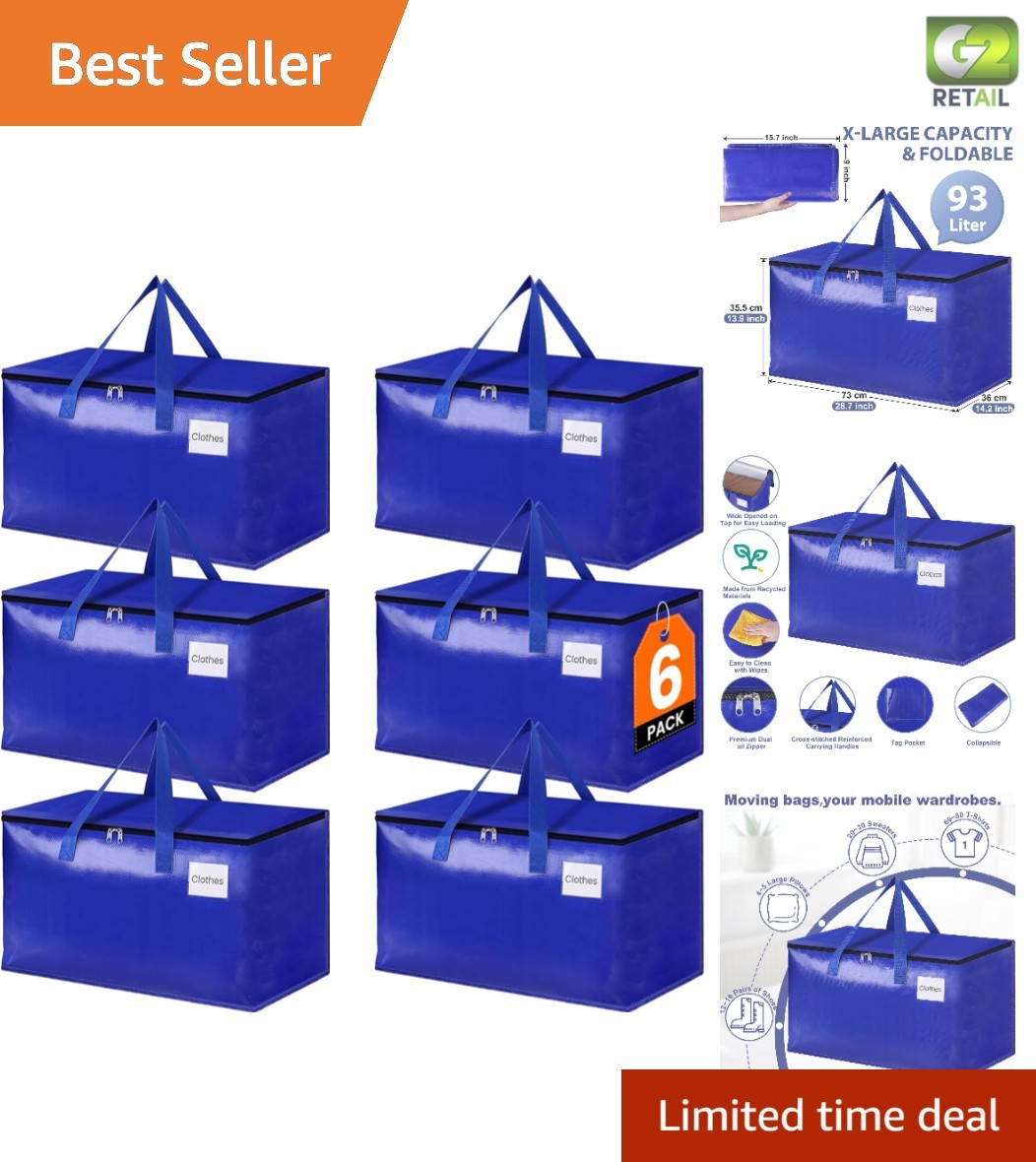 6-Pack 93L Collapsible Moving Bags with Zipper & Reinforced Handles in Blue gallery