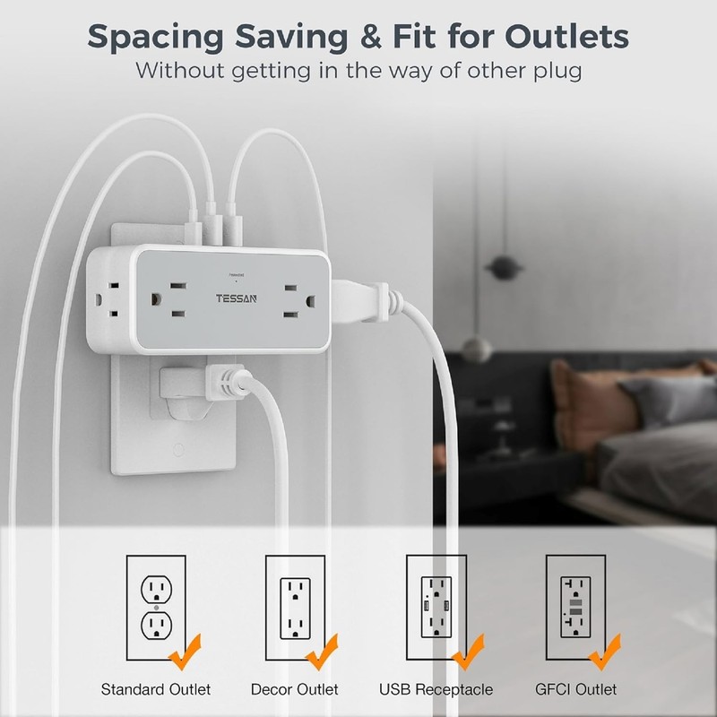 4 Wall Outlet Extender with 3 USB Charger(1 USB C) Surge Protector Plug Expander gallery