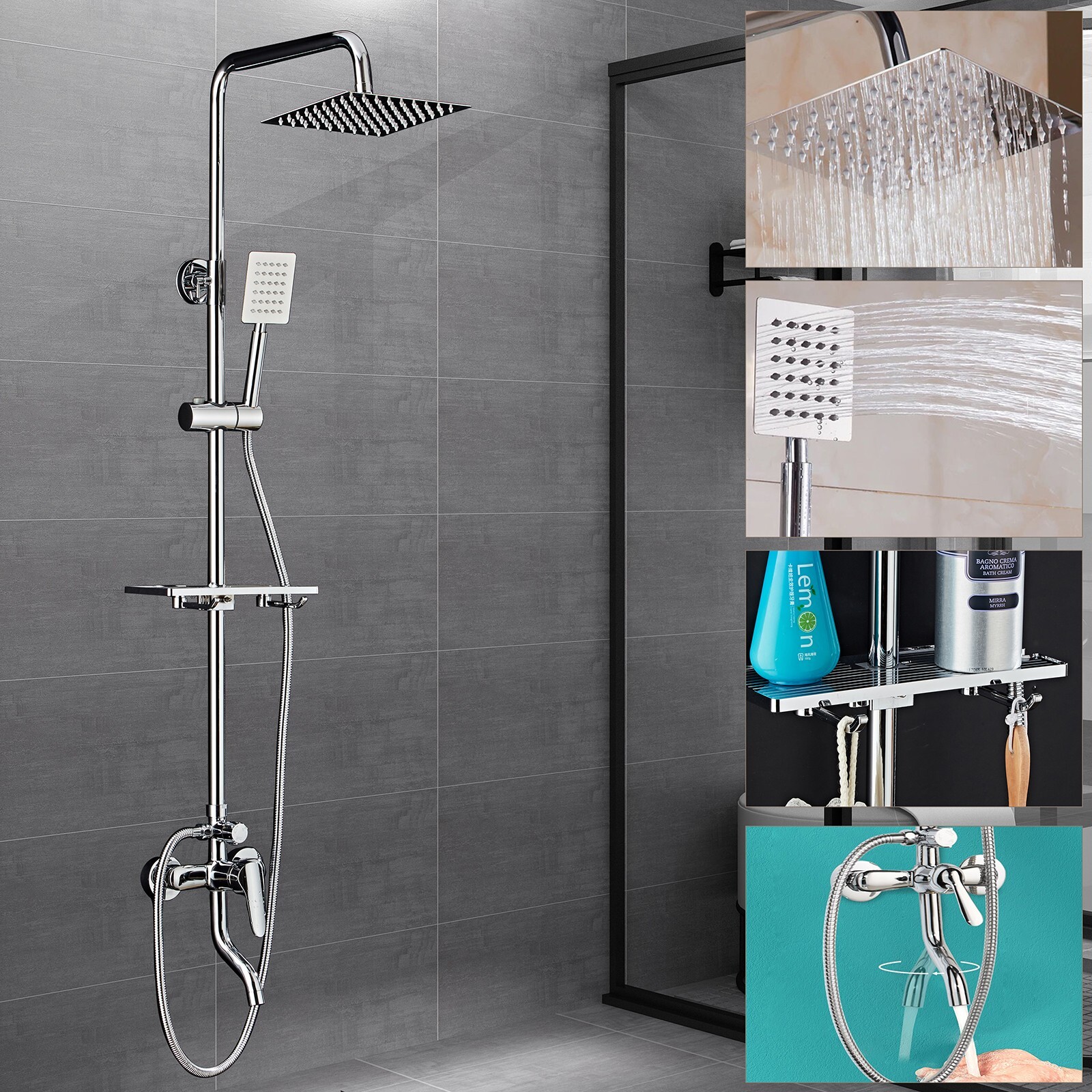 8" Wall Mount Chrome Shower Faucet Set Rainfall Hand Shower Tub Filler Mixer Tap gallery