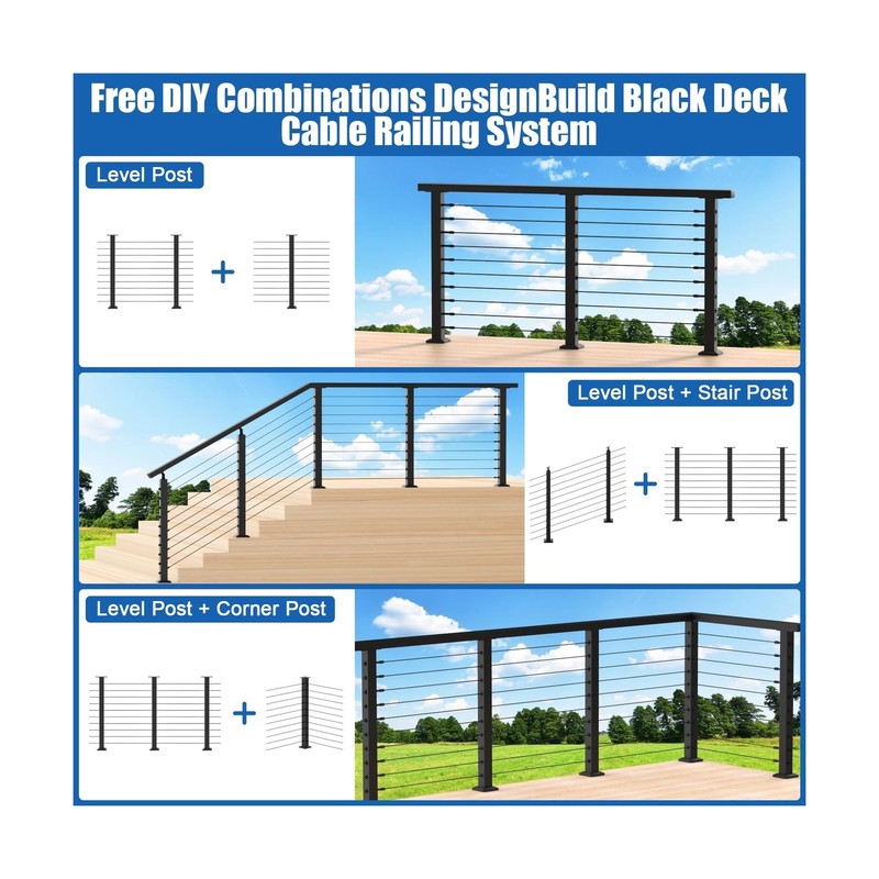 CKE 10ft-15ft Complete Set 36" Cable Railing Post Kit, 3Pack Black Level Dril... gallery