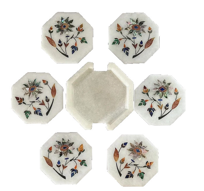 100% Genuine Stone I Abalone Shell Inlaid Coaster Set | Tea Vintage Coasters | gallery