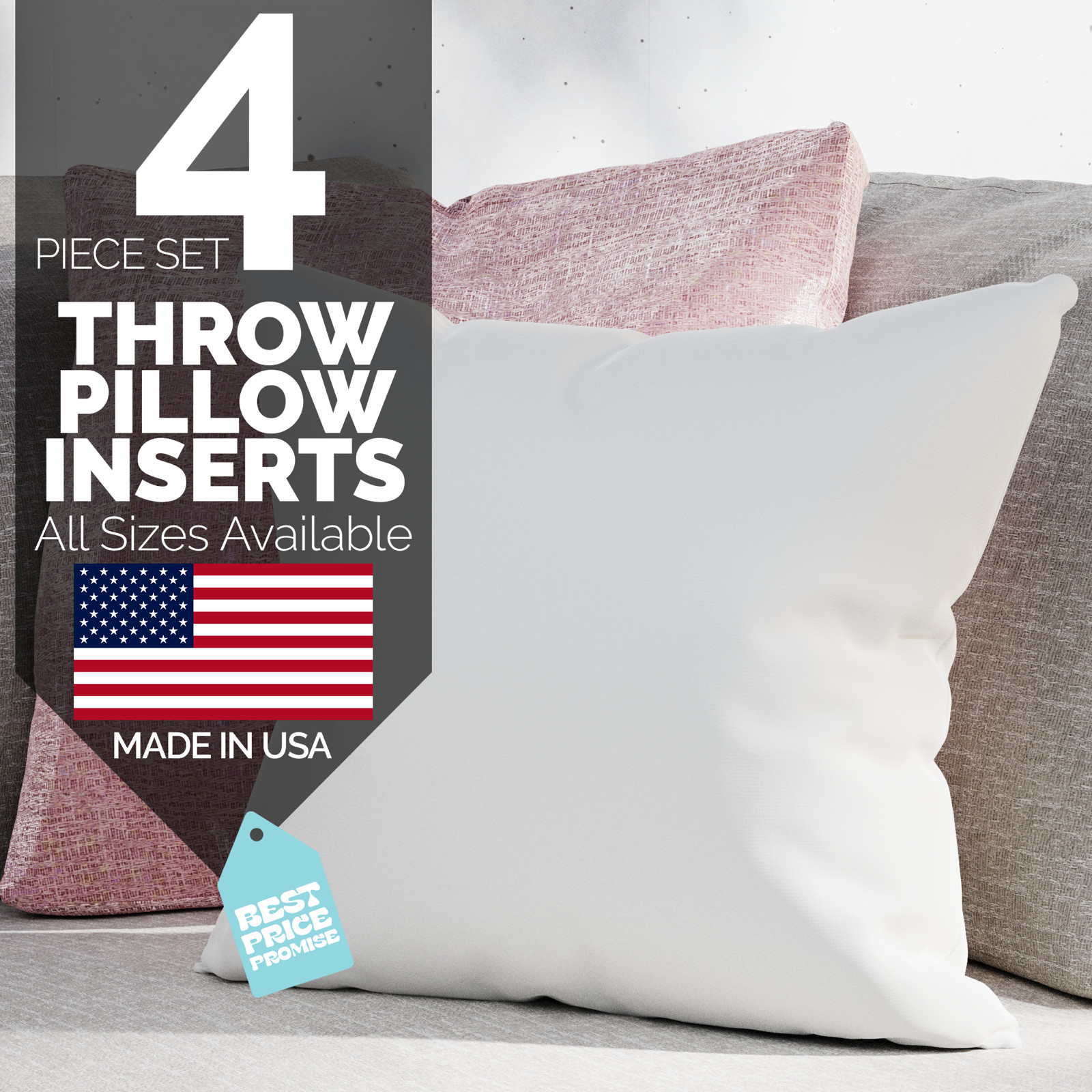 Throw Pillow Insert Square Euro Pillow Stuffing Made in USA Form Insert Set of 4 gallery