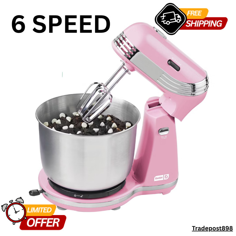 Dash Everyday 3-Quart, 6 Speed Stand Mixer with Stainless Steel Mixing Bowl PINK gallery