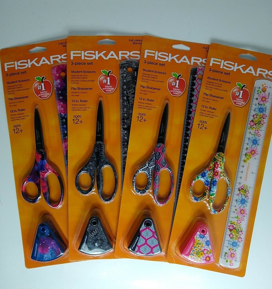Fiskars 3-Piece Set Scissors, Sharpener, & Ruler Select From 4 Variations