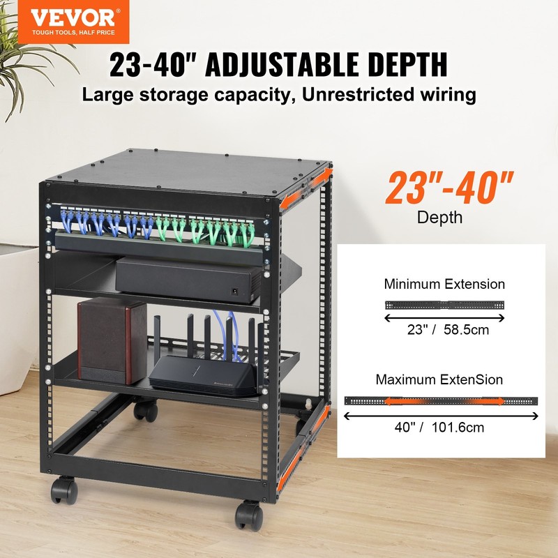 12U Open Frame Server Rack, 23-40 in Adjustable Depth, Free Standing or Wall Mou gallery