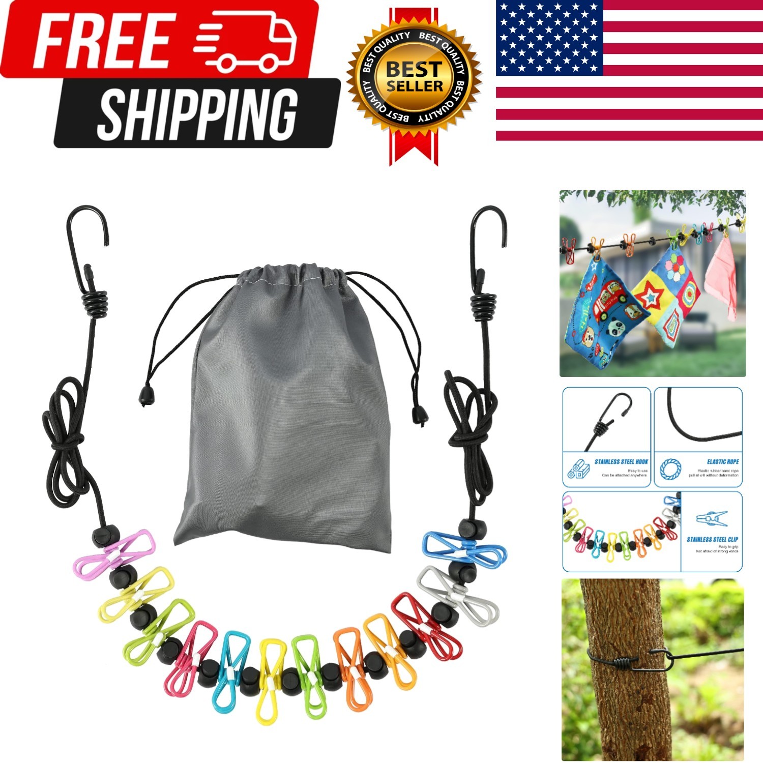 Retractable Portable Clothesline for Travel, Clothing line with 12 Clothes Cl... gallery