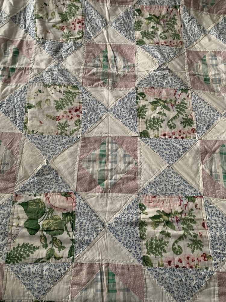 Vtg Country Patchwork Farmhouse Quilt & Sham 78” X 82” Pink & Blue Cottage