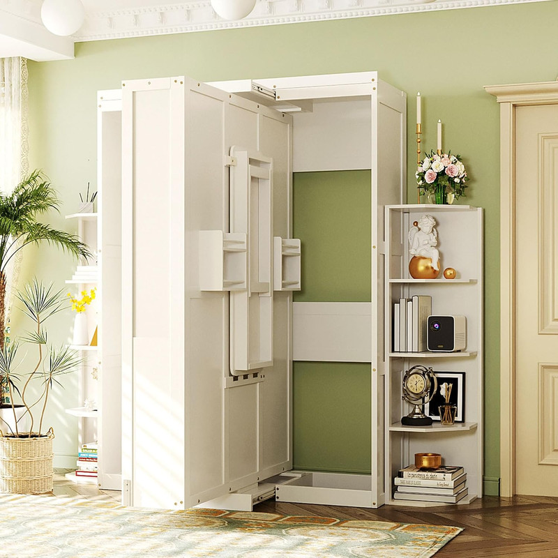 Queen Size Rotating Murphy Bed with Storage & Convertible Desk - White gallery