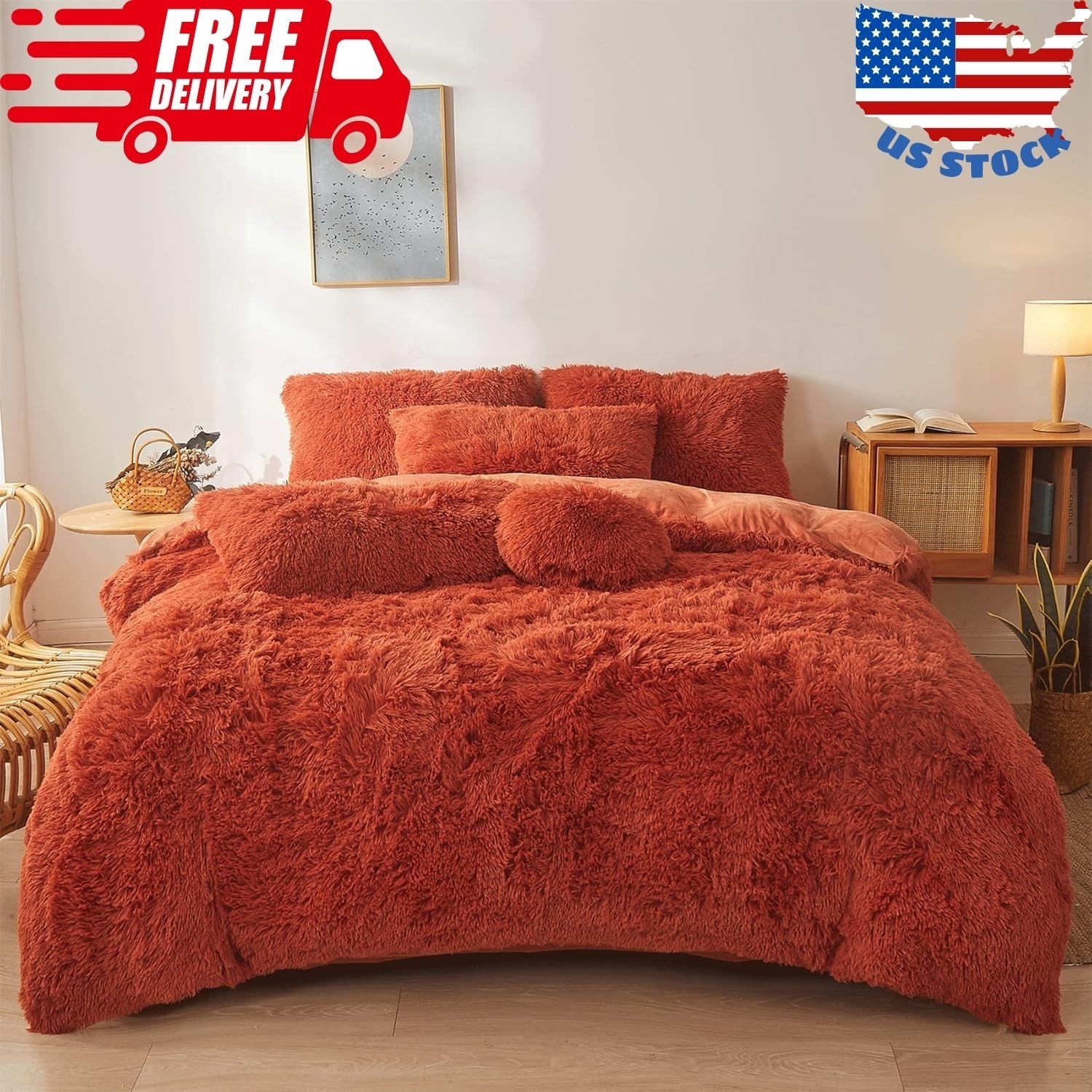 Fluffy Orange Comforter Cover Set Queen - Ultra Soft Plush Burnt Orange Beddi... gallery