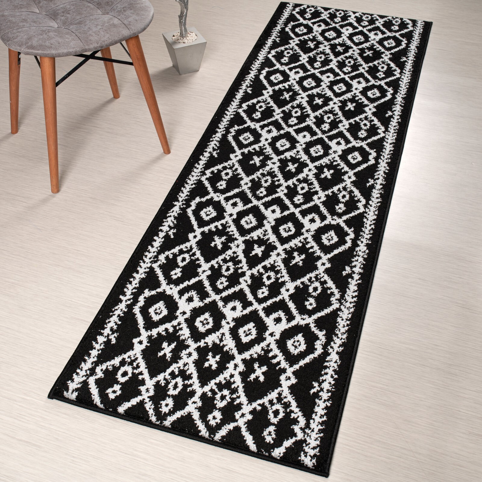 Custom Cut Washable Hallway Runner Rug Non Slip Rubber Backing, Black & Silver gallery