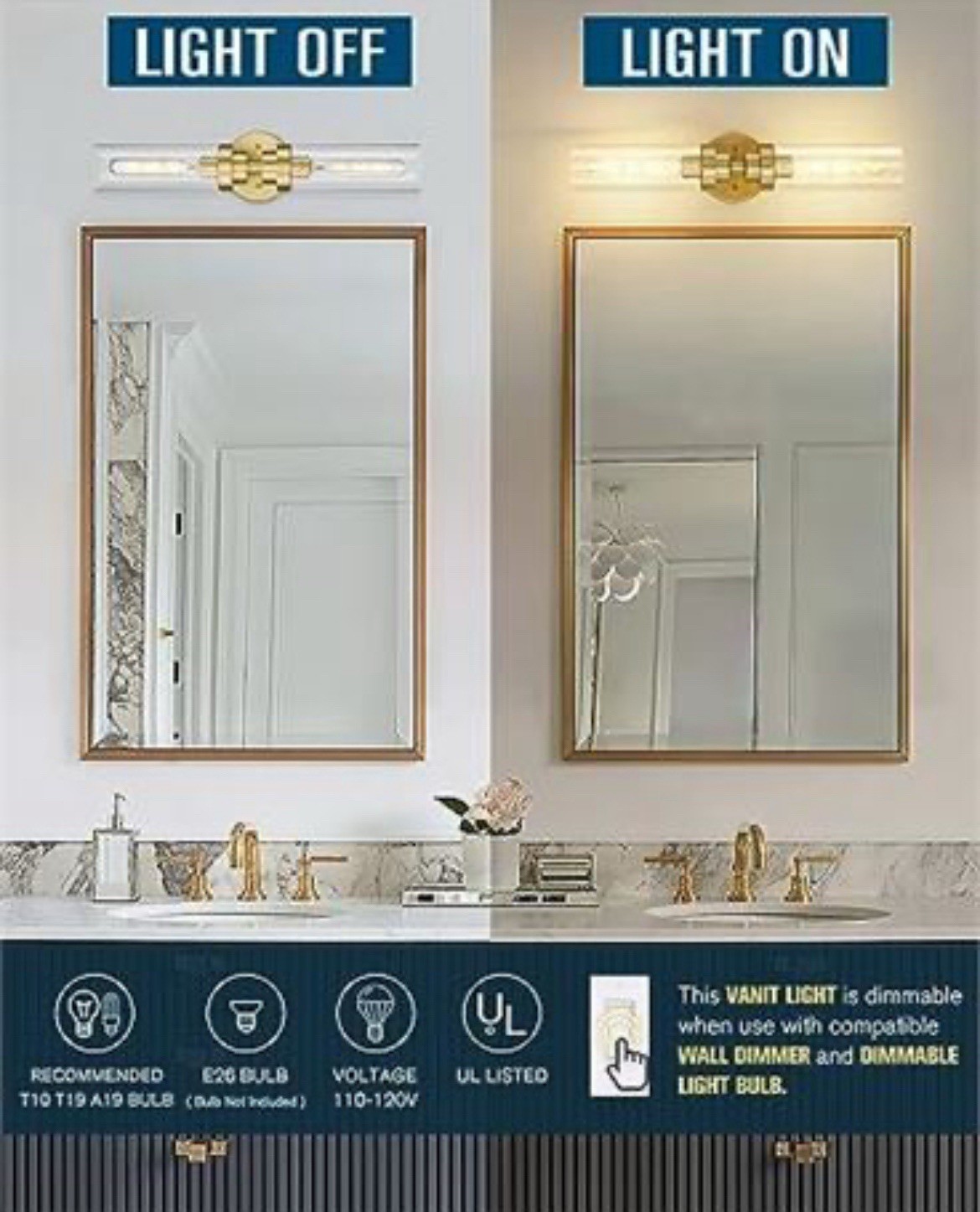 Emak Modern 22 Inch Gold Bathroom Light Fixtures Over Mirror, Cylinder Bathro... gallery
