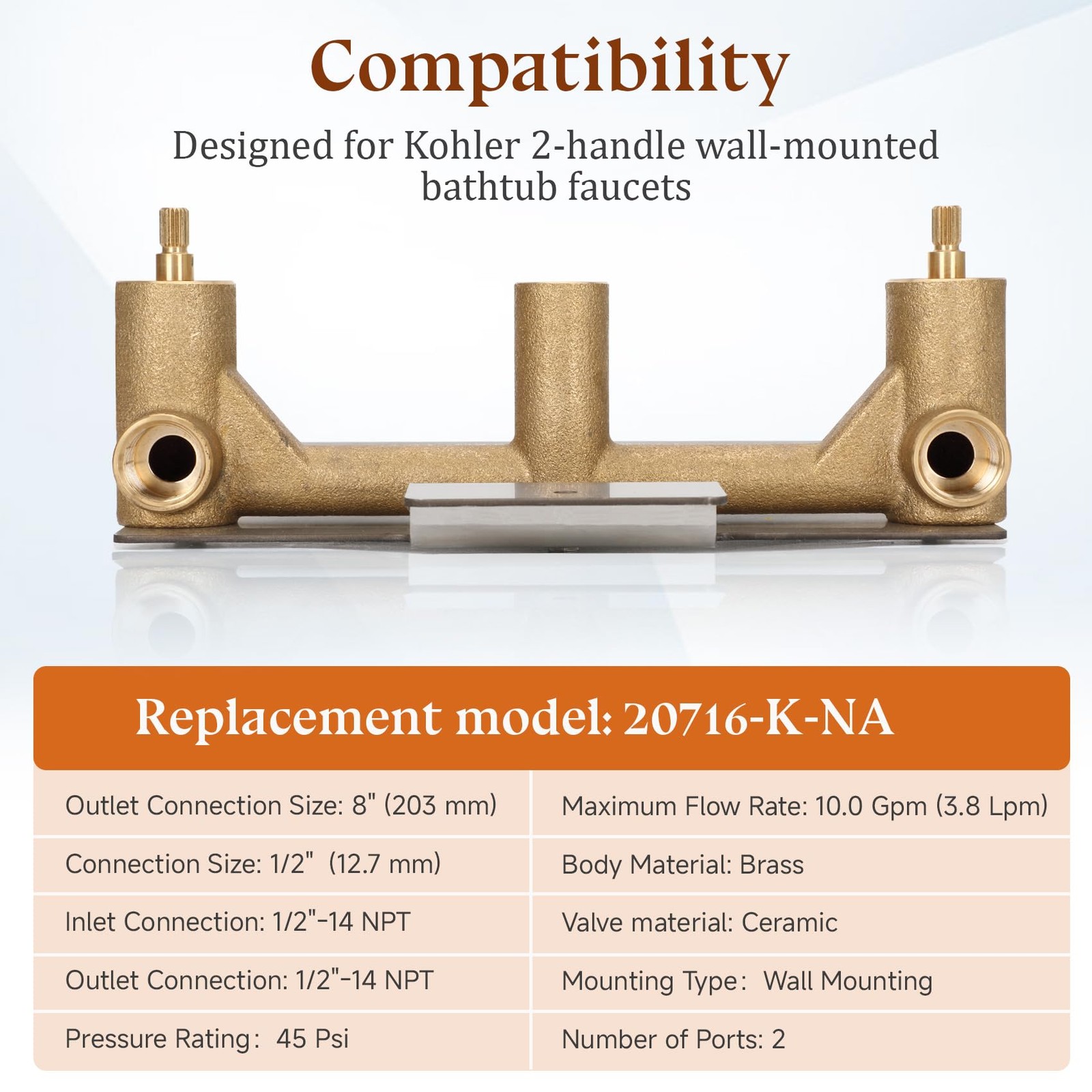 Two-Handle Wall-Mount Bath Faucet Valve Repalce for 20716-K-NA 1/2-14 NPT Inlet gallery