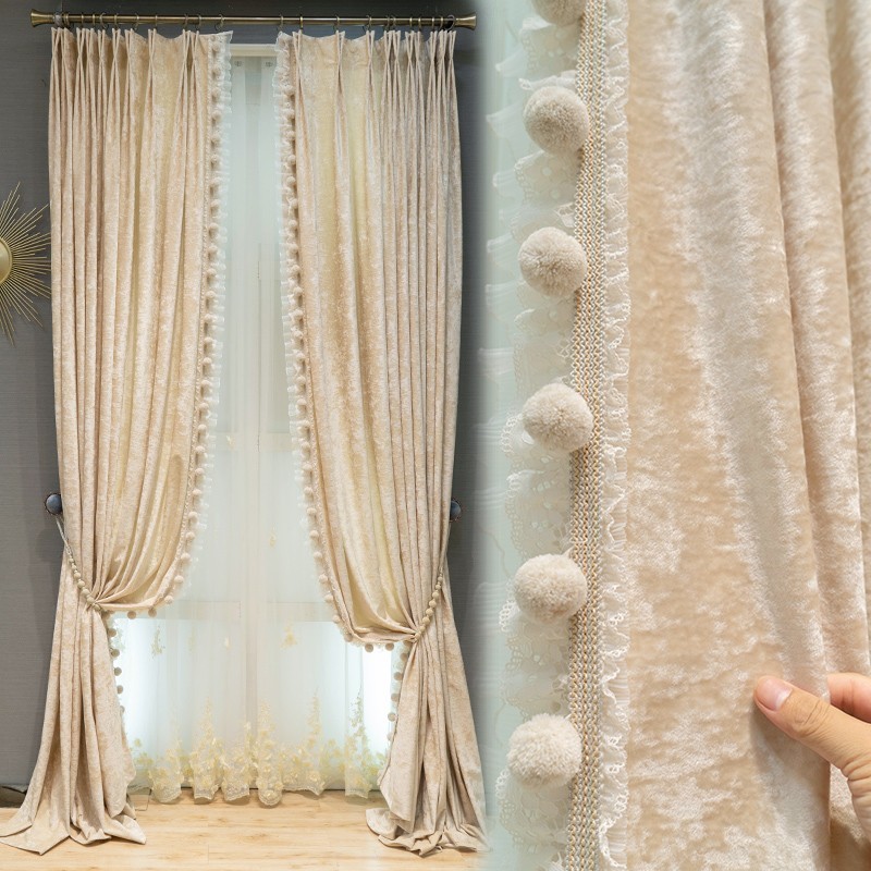 luxury Retro French Embroidery window Beige velvet texture curtain tulle M1748 gallery