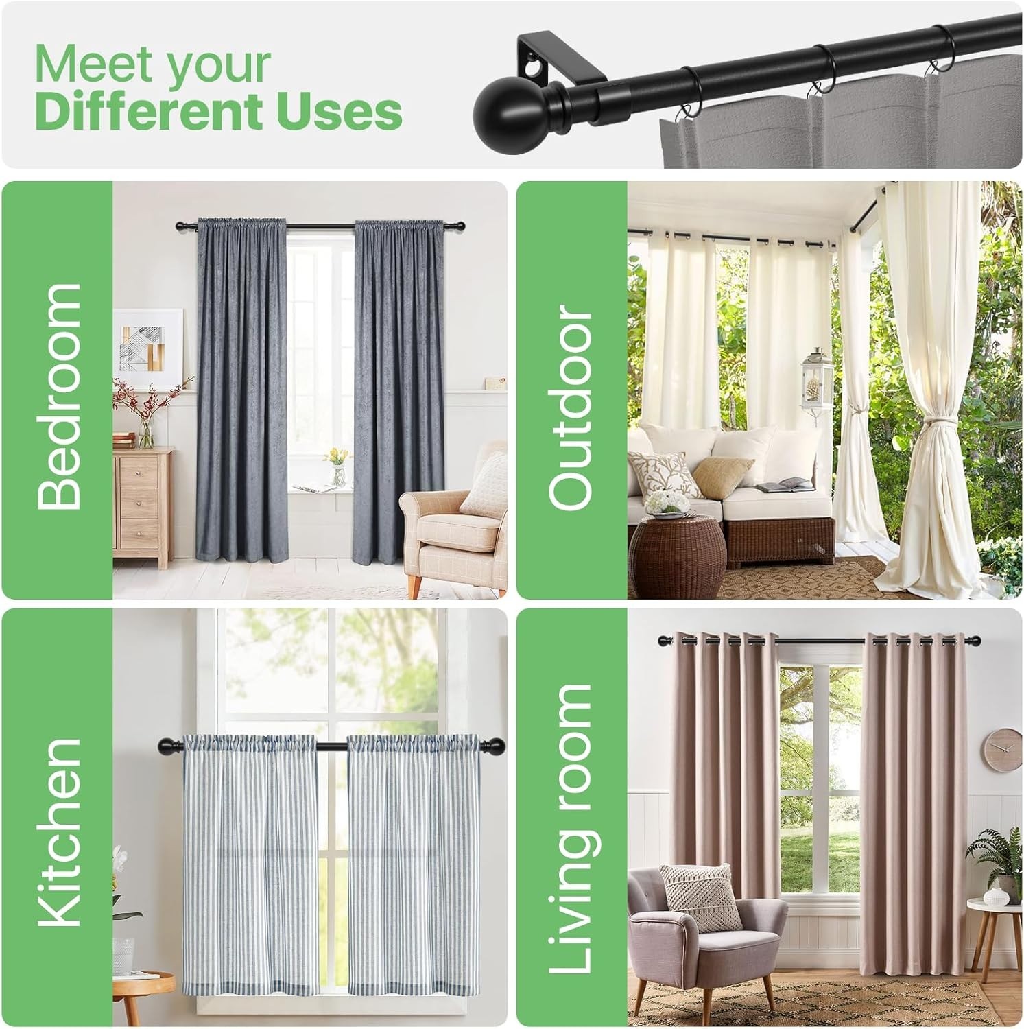 Curtain Rods for Windows 28 to 48 Inch, 5/8 Inch Black Curtain Rod Set with Brac gallery