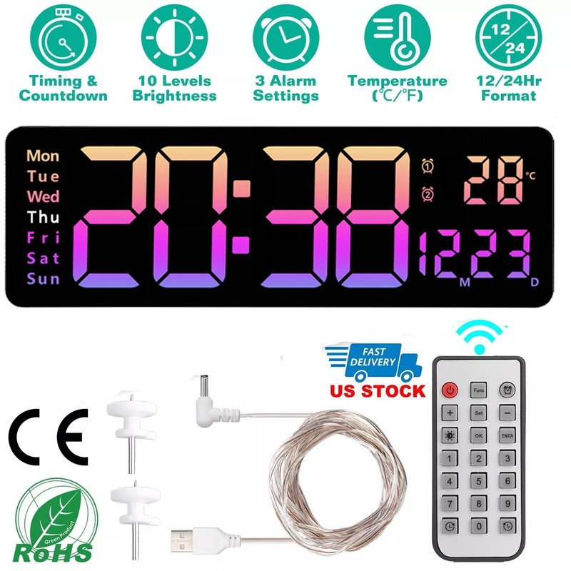 16"Large LED Screen Dispaly Digital Wall Clock W/Remote Control Temperature Date gallery