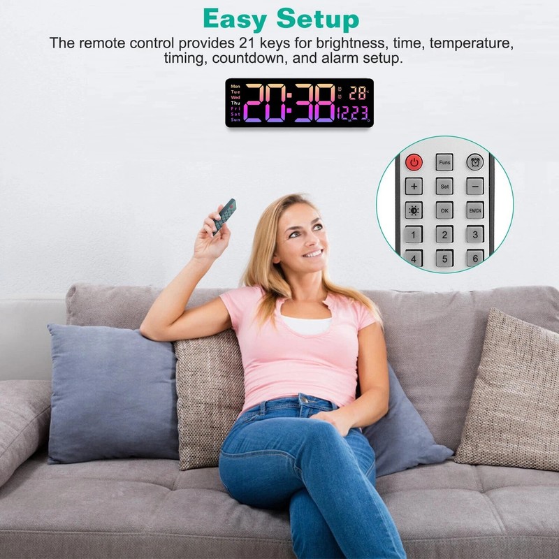 16"Large LED Screen Dispaly Digital Wall Clock W/Remote Control Temperature Date gallery