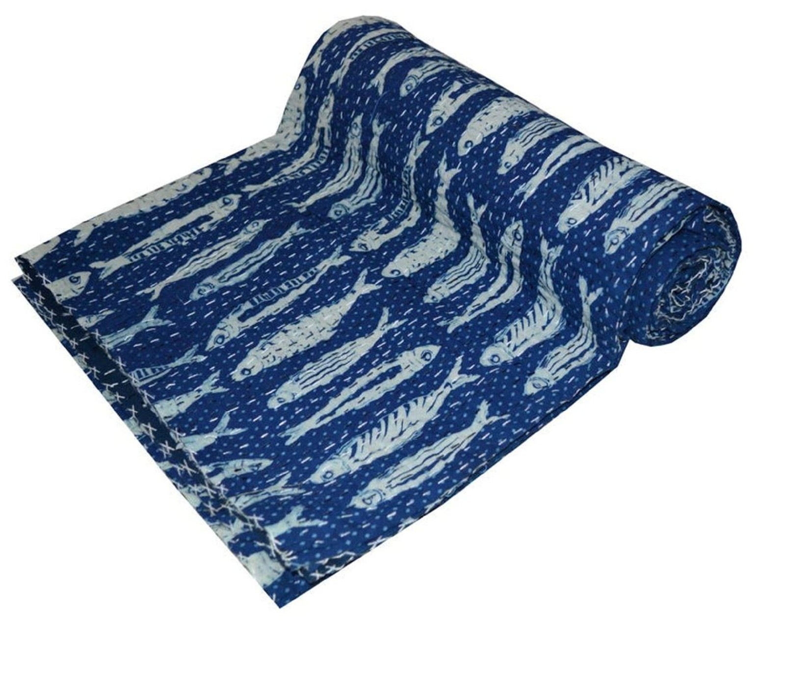 Blue Fish Block Printed Cotton Kantha Quilt Bedspread Blanket Queen Size Gifts gallery