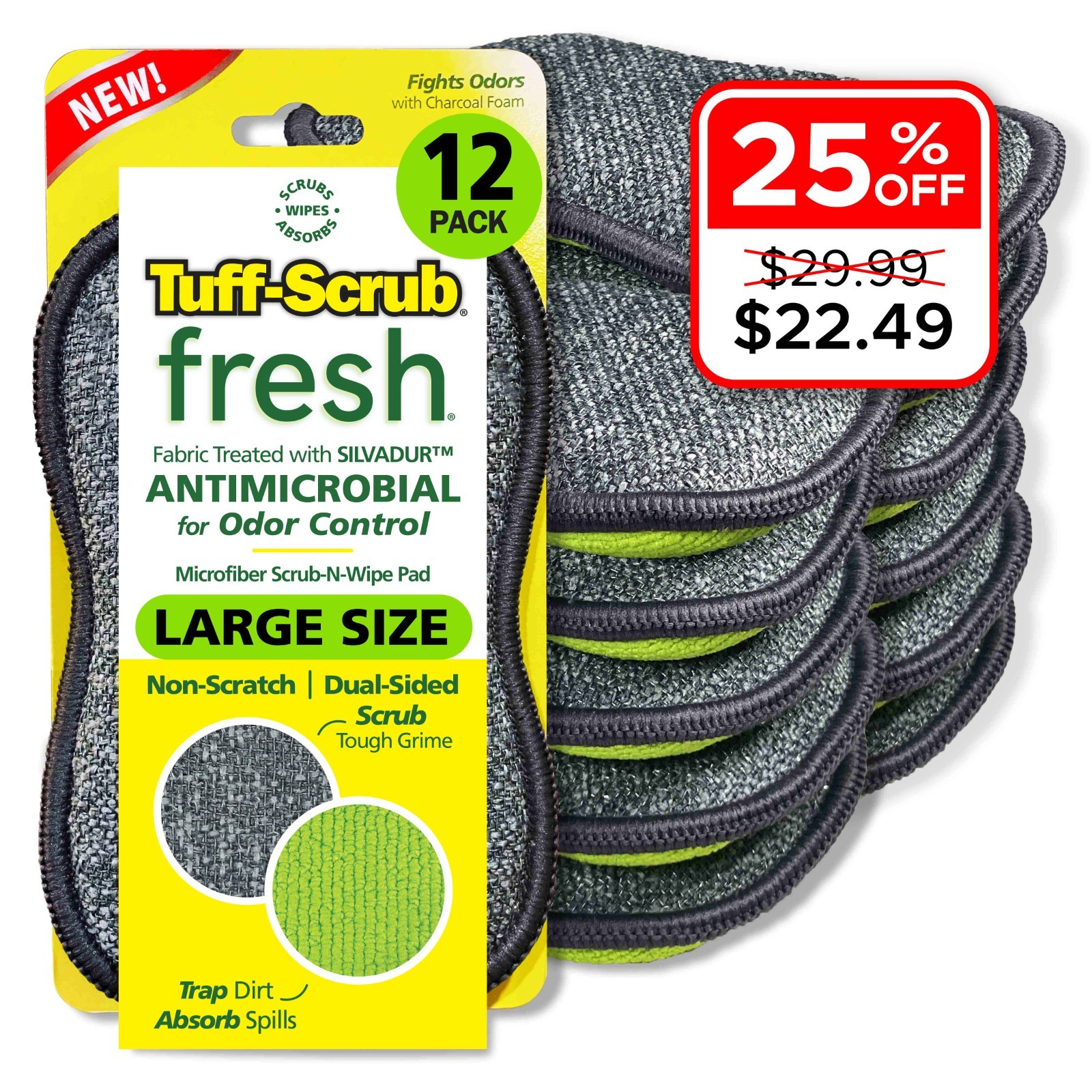 SALE!! Tuff-Scrub Fresh Antimicrobial Scrub-N-Wipe Pads, Green Large 12-Pack gallery