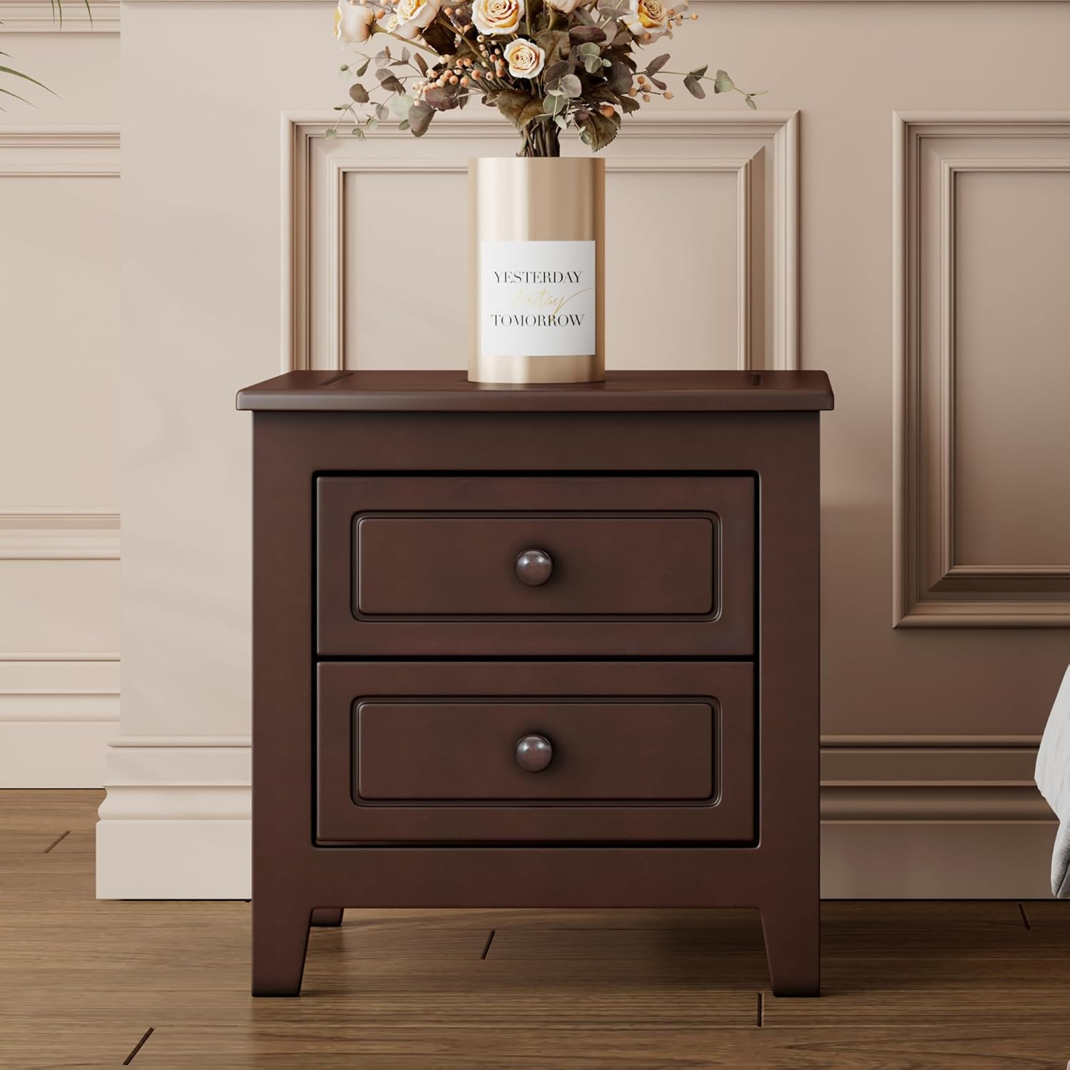 Rustic Dark Walnut Nightstand with Storage Drawers - Modern Bedside Table gallery