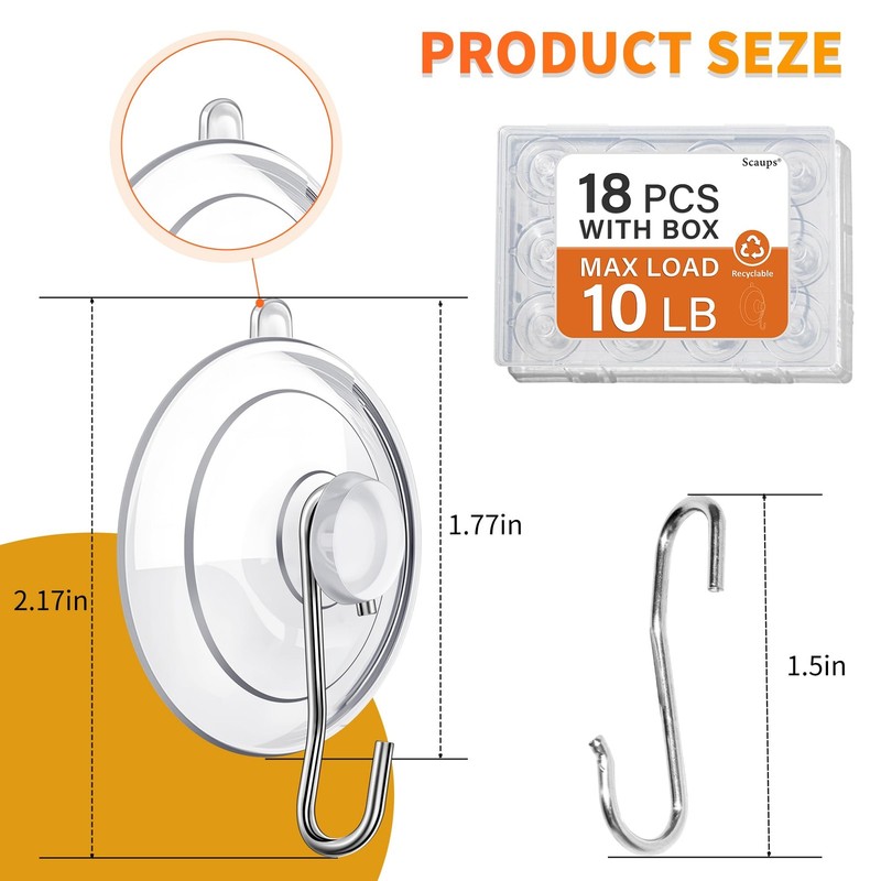18 Pack Suction Cup Hooks Max Load 10LB, 1.77Inch Suction Cup Hook for Glass Win gallery