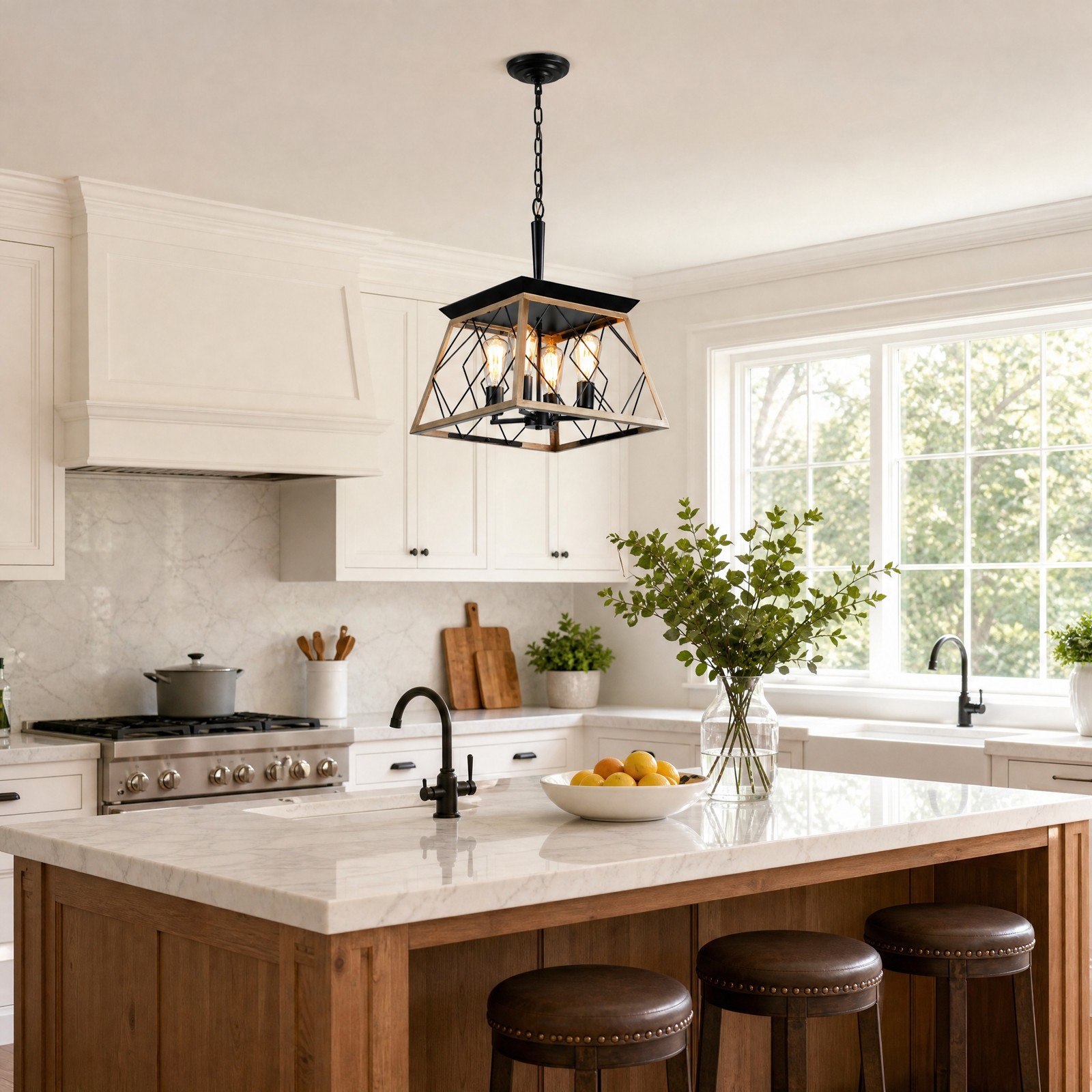 16'' Pendant 4 Light Farmhouse Oak LED Chandelier Living Room Kitchen Fixture gallery