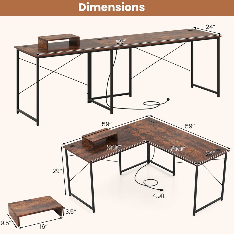 95" L-Shaped Reversible Computer Desk 2-Person Long Table Monitor Stand Rustic gallery