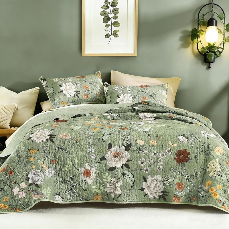 Botanical Quilt Set Multicolor Floral Bird Prints Cozy Soft Blanket 3 Piece New gallery