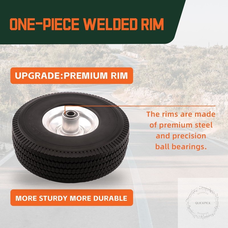 10 Inch Solid Polyurethane Tire 4.10/3.50-4 Tire, 10" Flat Free Wheels with 5/8" gallery
