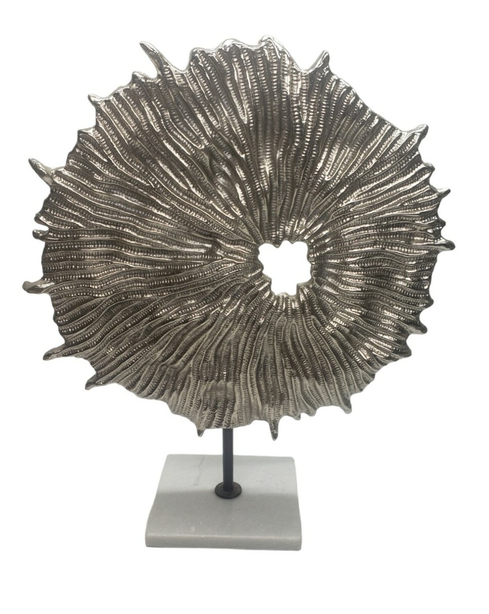 Vintage Abstract Sculpture Ridged Circular On Marble Stand Silver Tone Stunning gallery