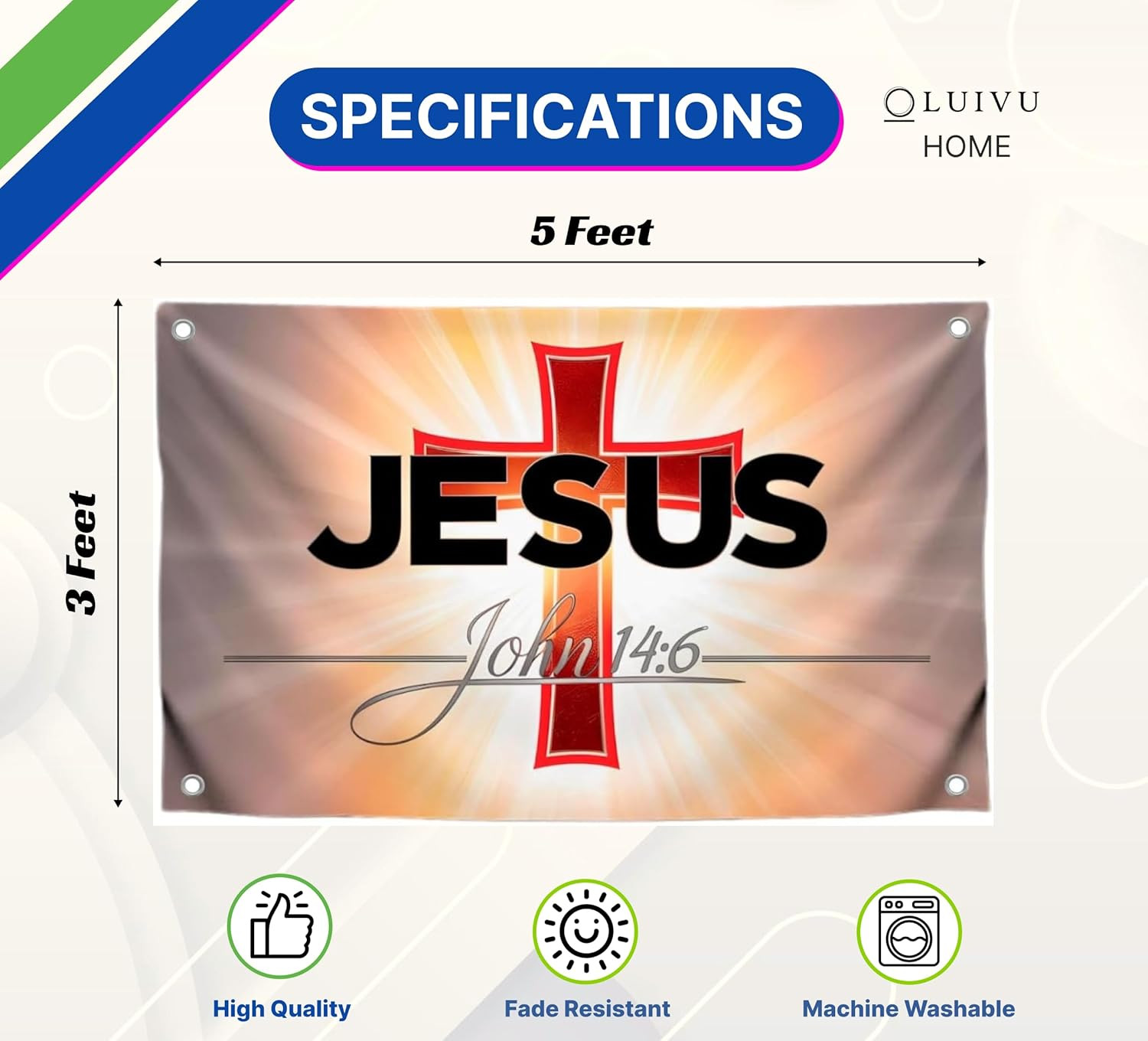 3X5 Feet Christian Polyester Flag Jesus John 14:6 with 4 Brass Grommets - Khri gallery